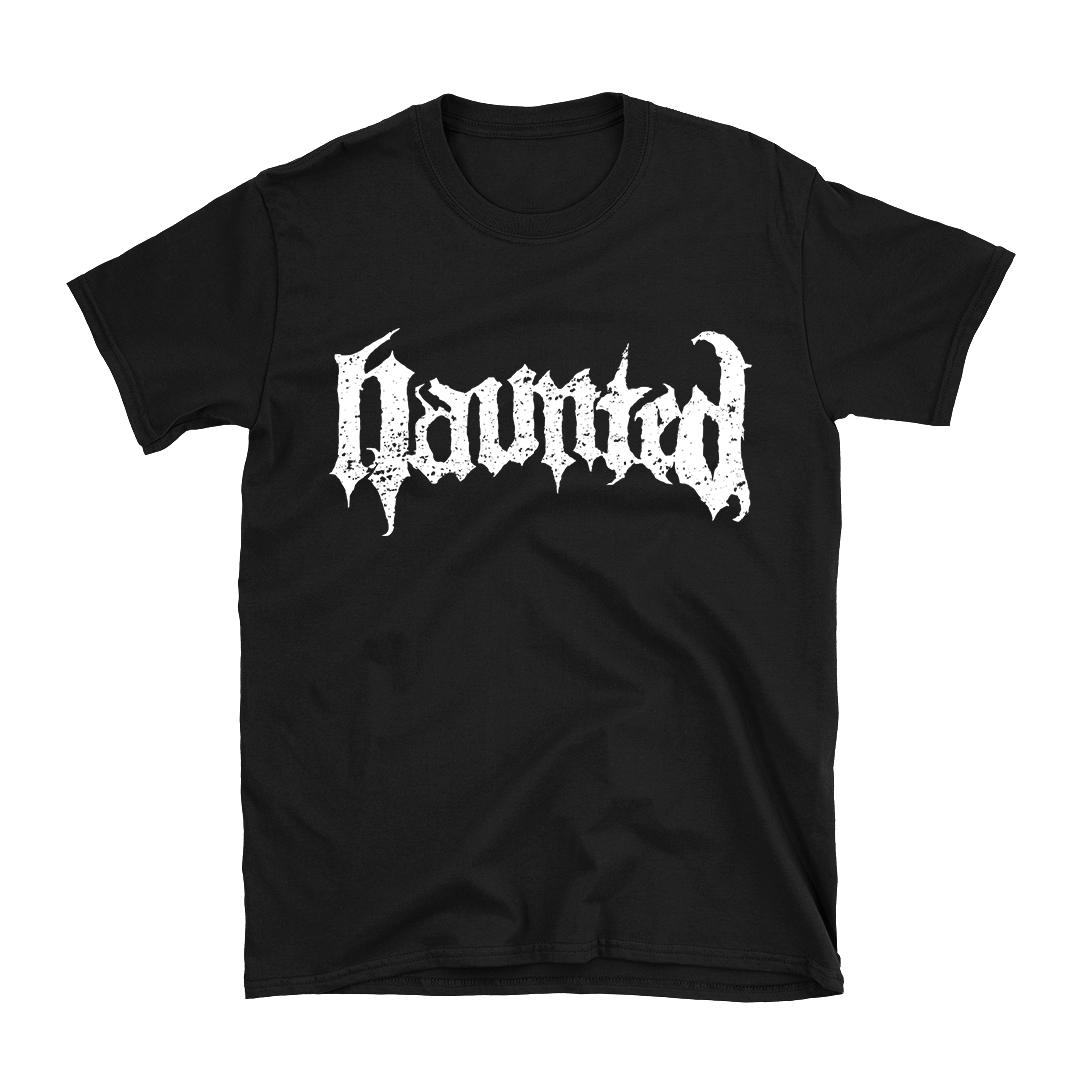 Haunted White Logo T Shirt Black Heavy Threads 