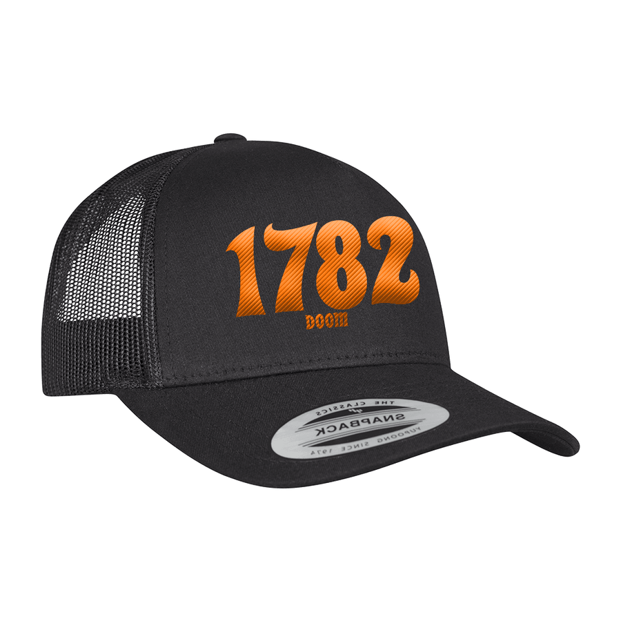 1782 1782 Doom Orange Logo Embroidered Trucker Cap Black Heavy Threads